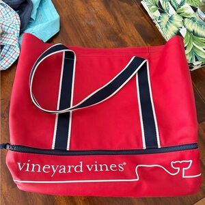 Vineyard Vines Red Tote with Navy and White Striped Handles
